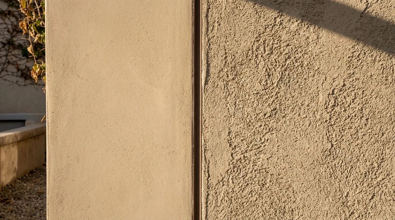 Two adjoining stucco panels showing a smooth acrylic finish beside a coarser cement finish