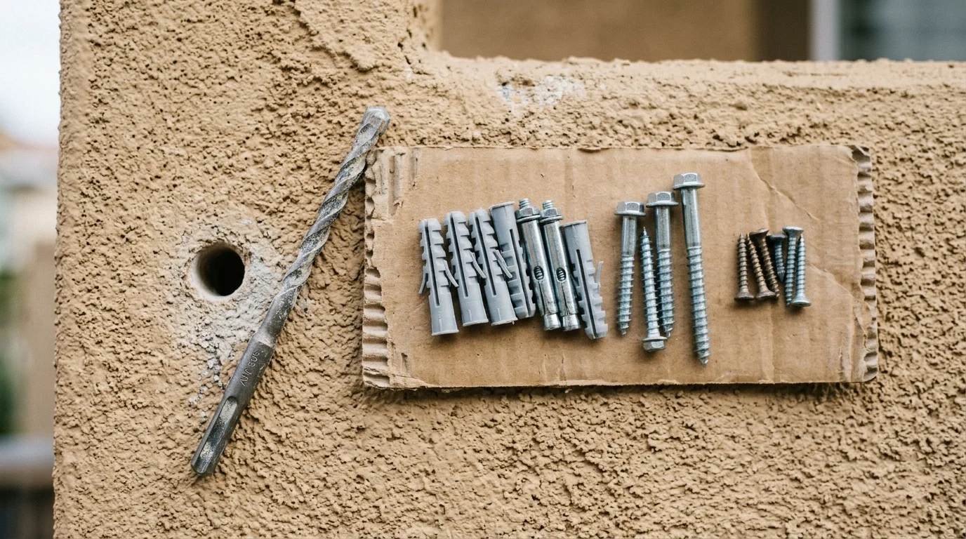A selection of masonry anchors and screws laid out beside a drilled hole in a stucco wall