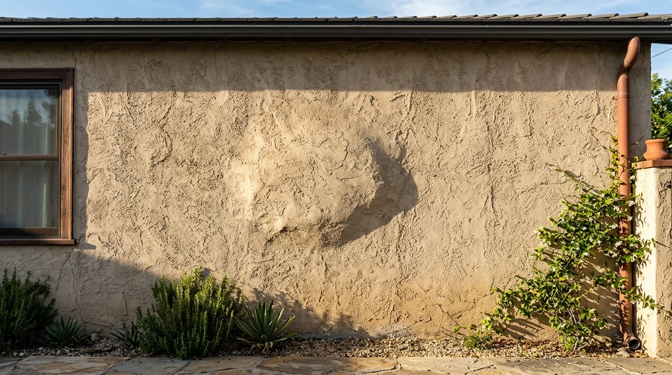 Shallow bulge casting an uneven shadow across an exterior stucco wall
