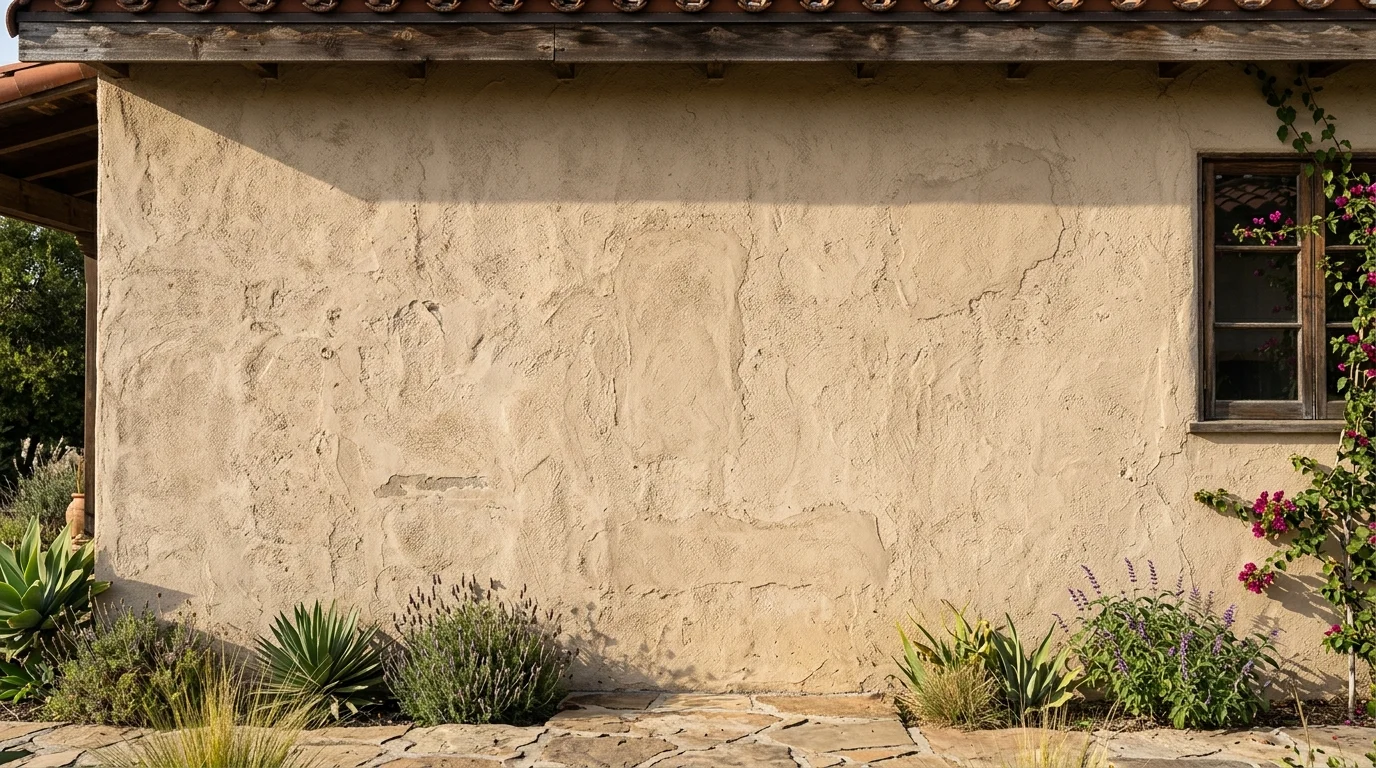 Old stucco patches faintly visible beneath a warm beige color coat