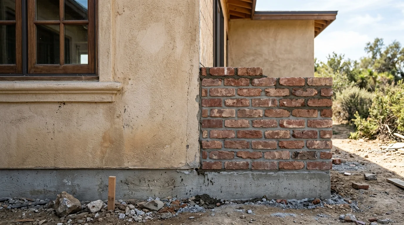 Brick veneer sample beside an existing San Diego stucco wall and window edge