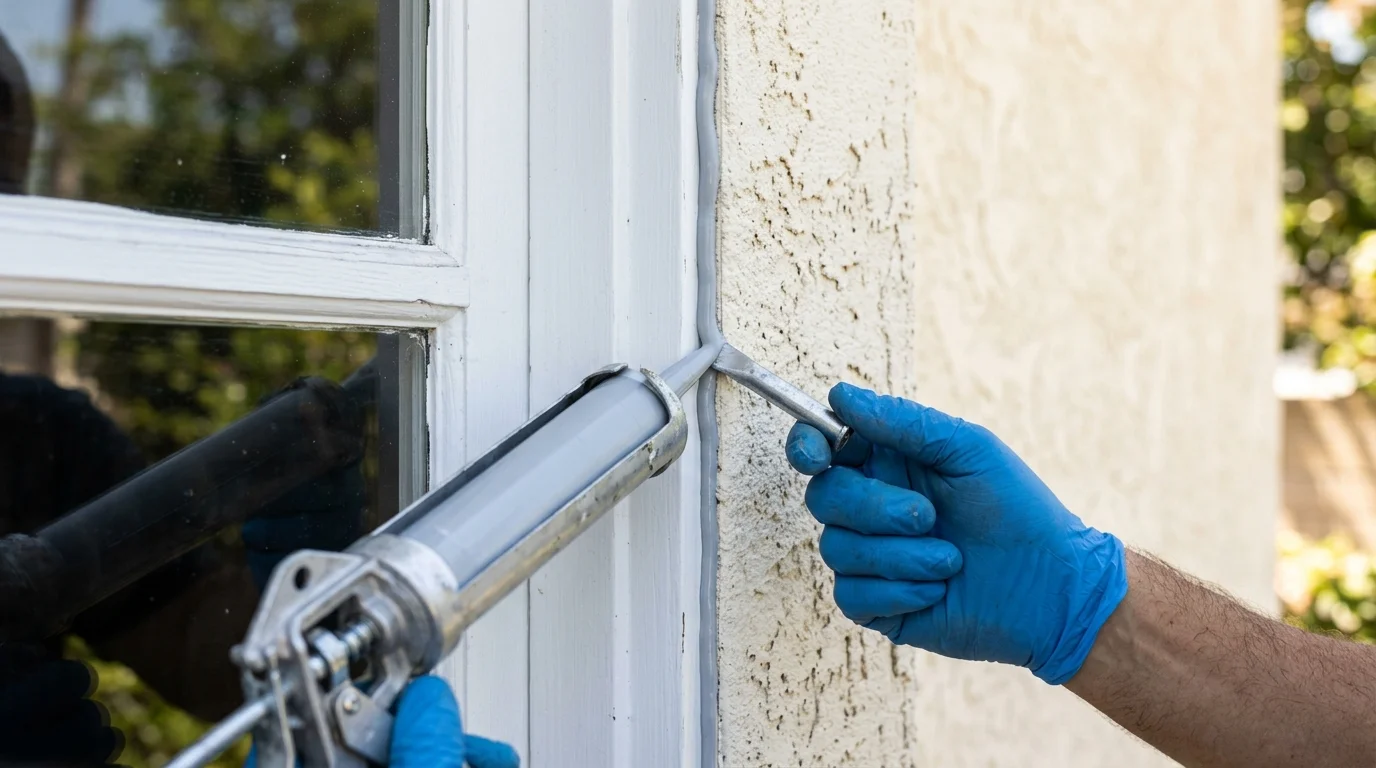 A caulking gun laying a bead of sealant along the joint where a window frame meets stucco
