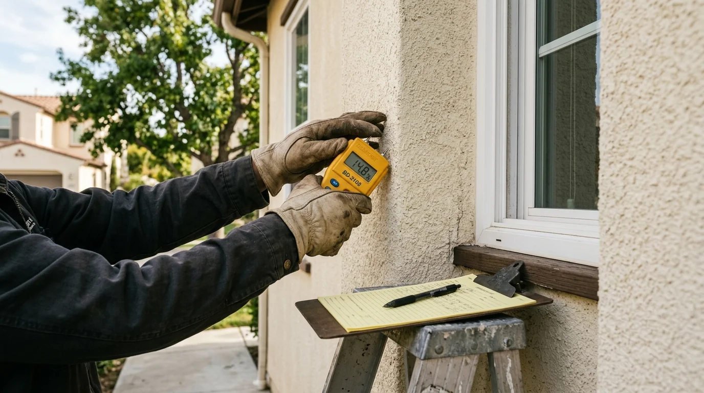 A moisture meter probe held against a synthetic stucco wall near a window
