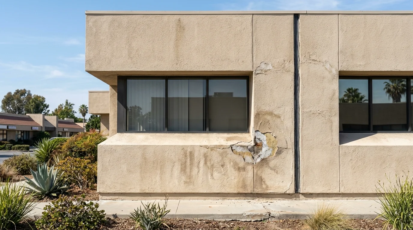 Low-rise commercial EIFS building with damage near a window and joint