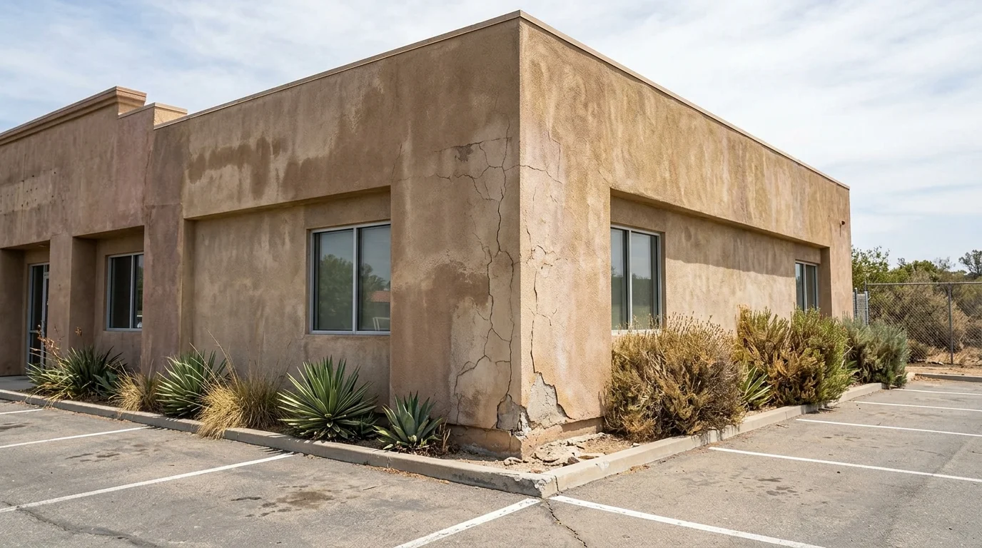 Low-rise Fallbrook commercial building with localized stucco cracking at a wall corner