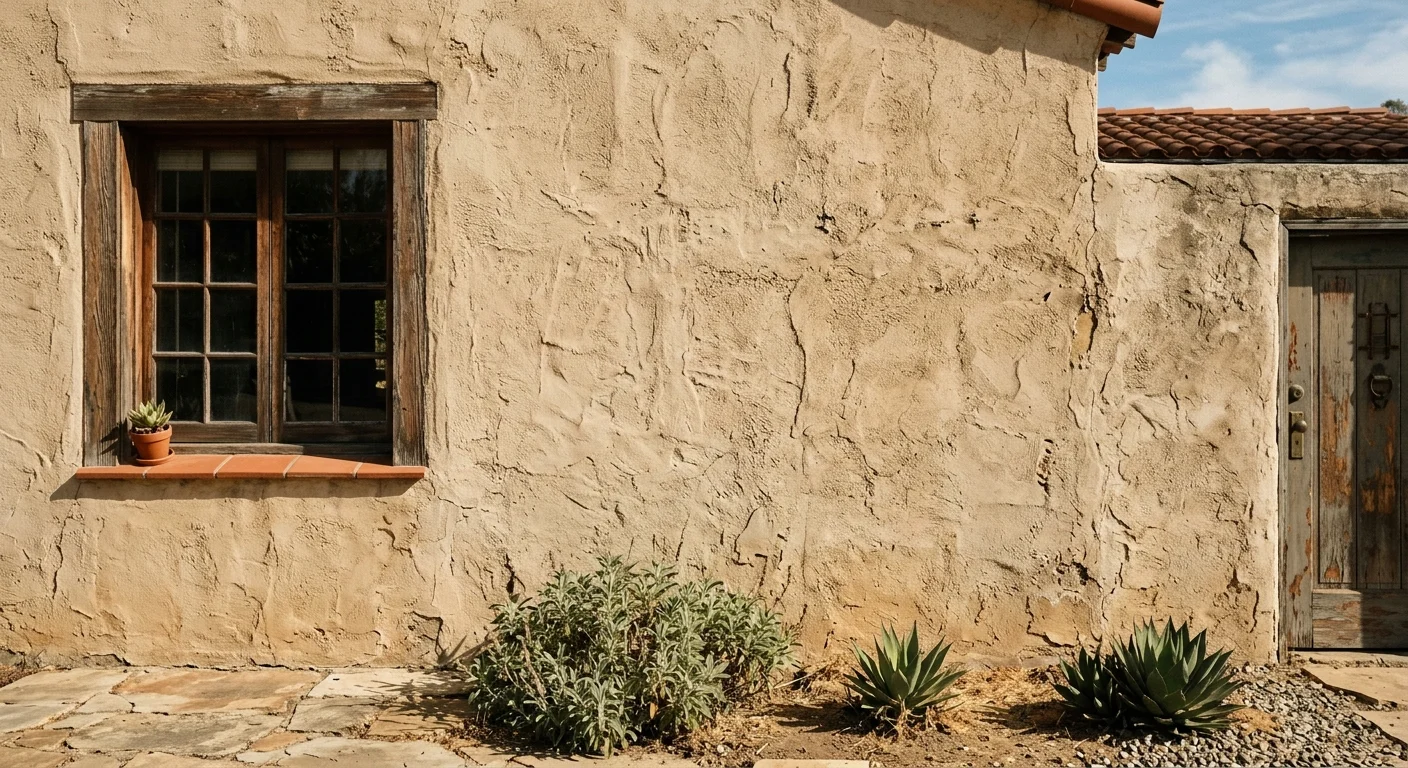 Weathered stucco on a low-rise commercial building in San Diego