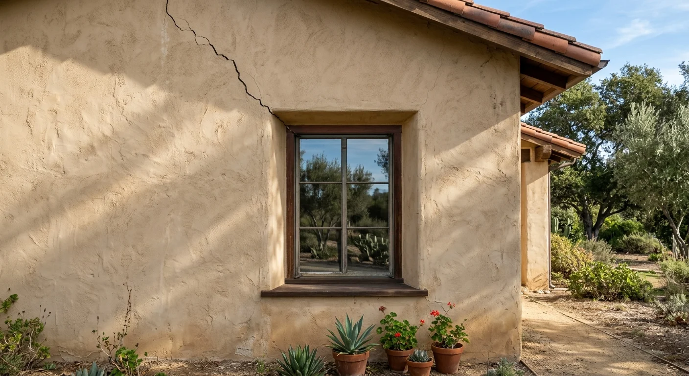 Diagonal crack extending from a stucco window corner on a Descanso home