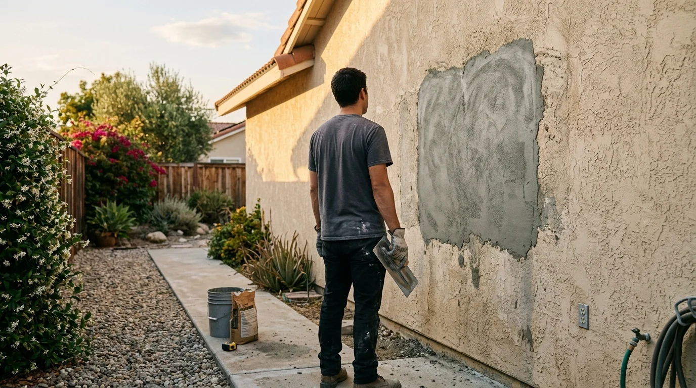 A homeowner standing back from a stucco wall holding a trowel, looking at a repair in progress