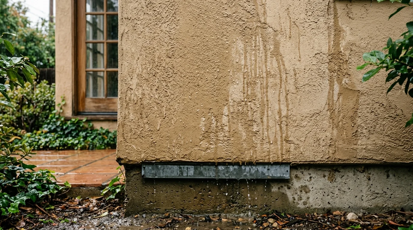 Rainwater running down a stucco wall above a weep screed at the base