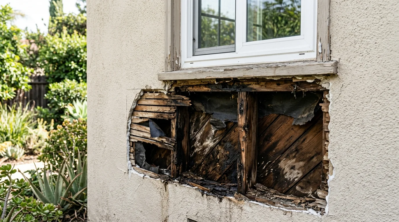 Opened stucco wall showing water stained framing and deteriorated sheathing