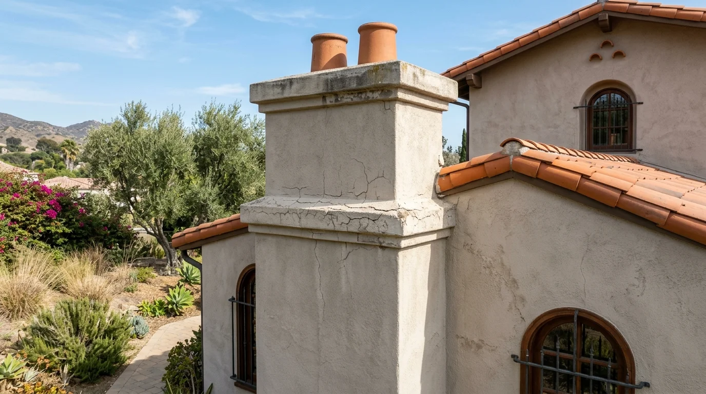 Synthetic stucco chimney chase with cracked finish at the shoulder below the cap