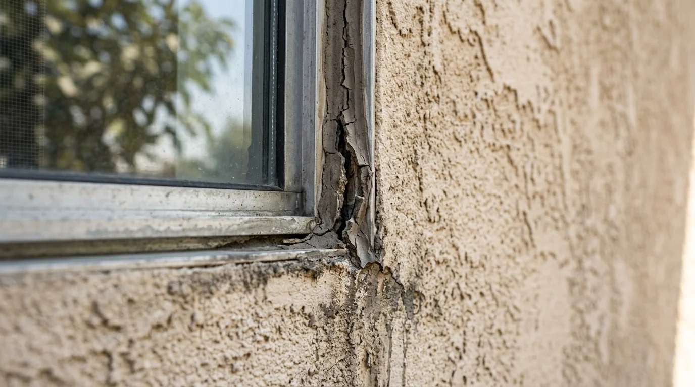 Cracked sealant pulling away from a window edge on a synthetic stucco wall