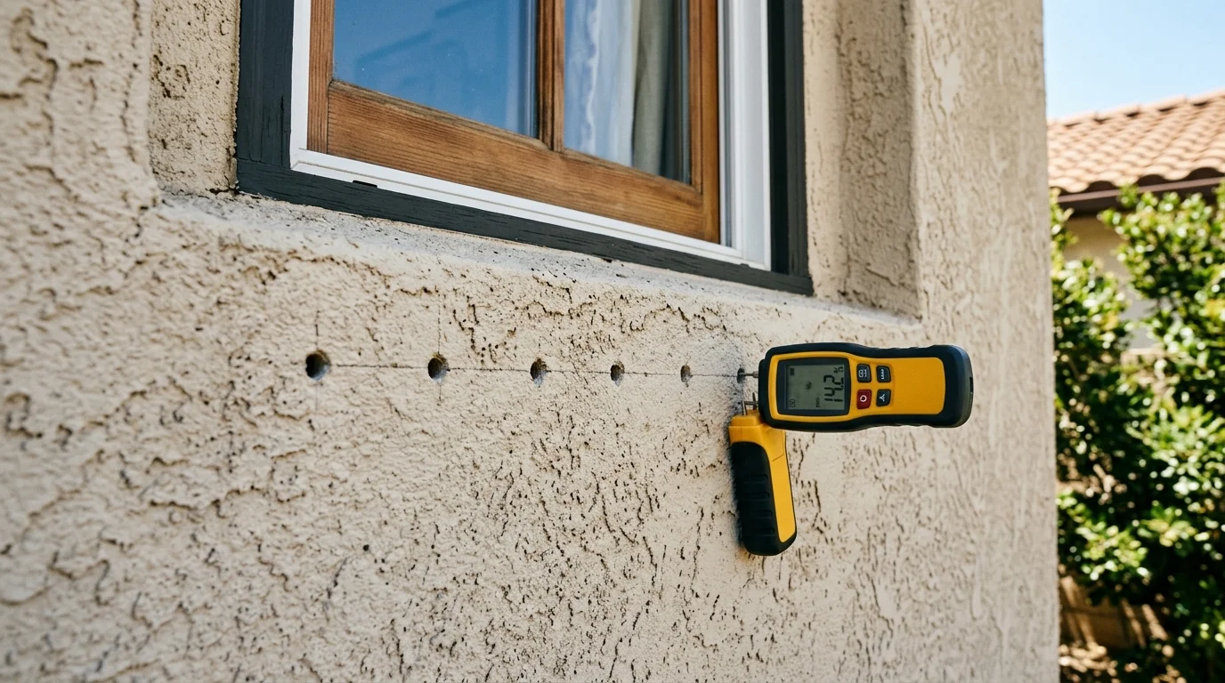 Probe holes beneath a window on a synthetic stucco wall with a moisture meter