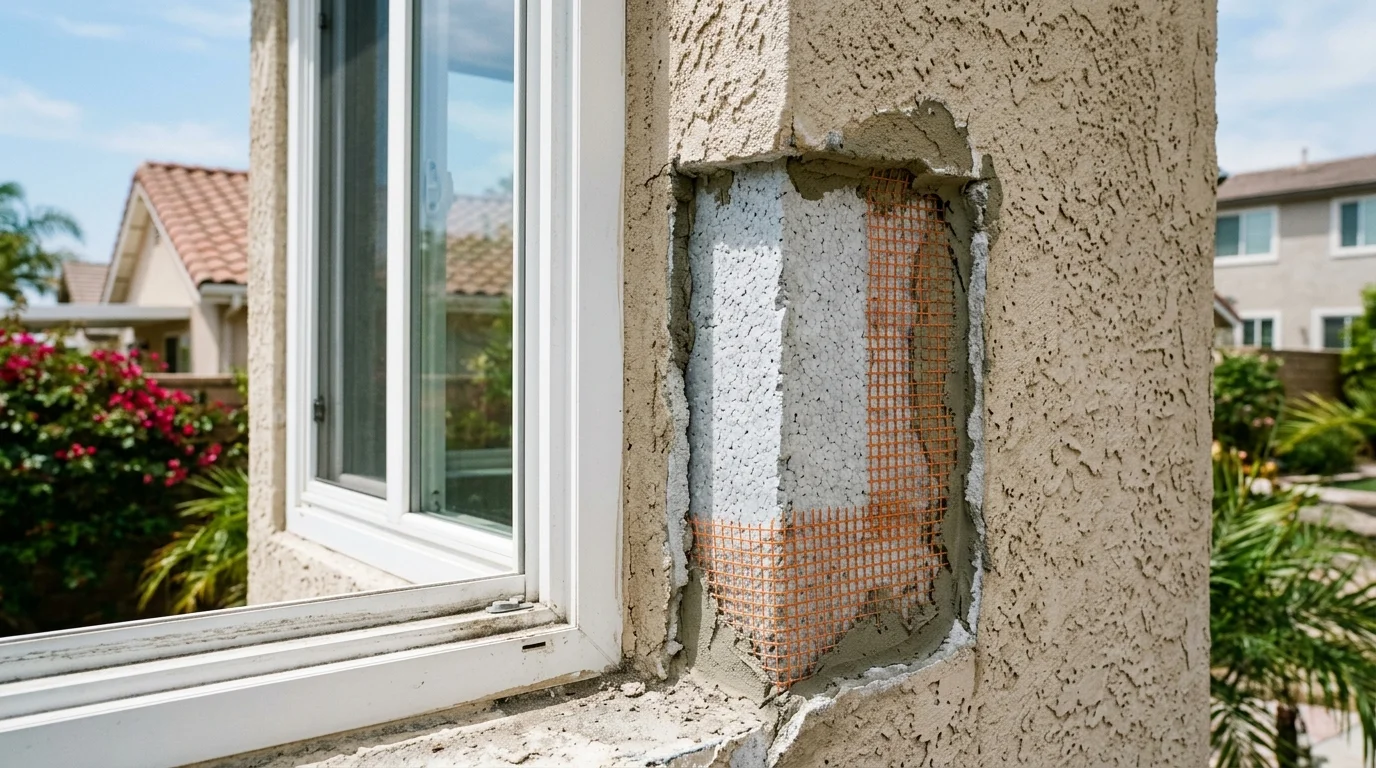 Opened EIFS repair area beside a window on a San Diego home