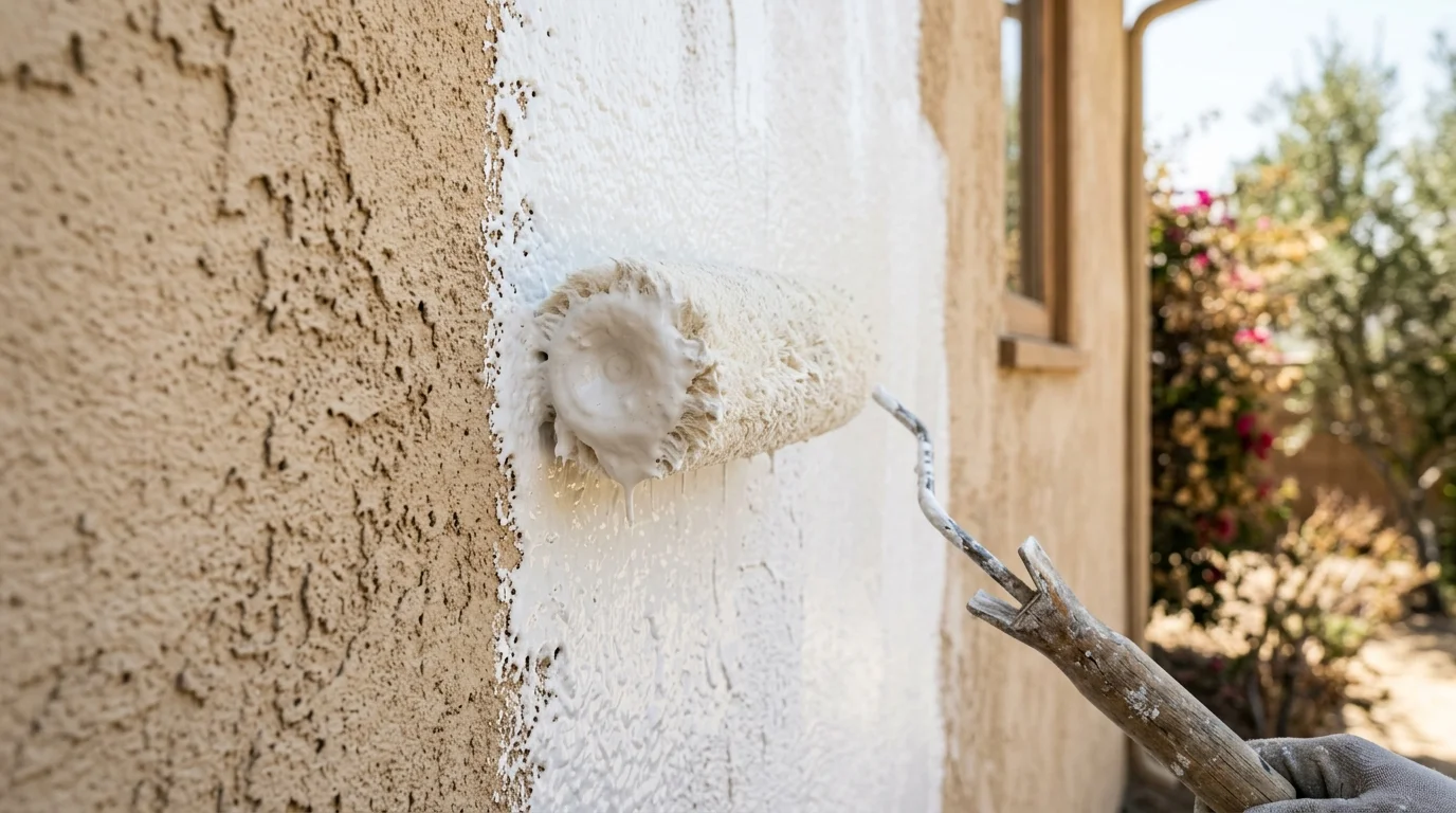 A thick coat of exterior paint being rolled onto a textured stucco wall, bridging the texture