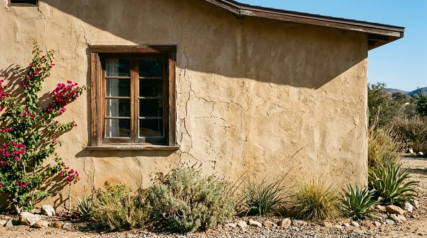 Sun-faded Escondido ranch home with fine stucco cracks near a window