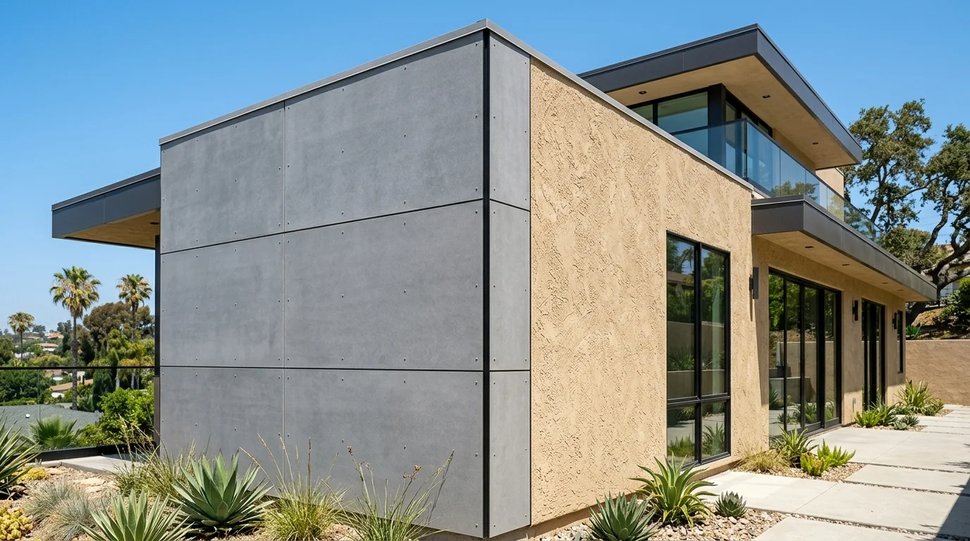 A house elevation where flat fiber cement panels meet a traditional stucco wall at a corner