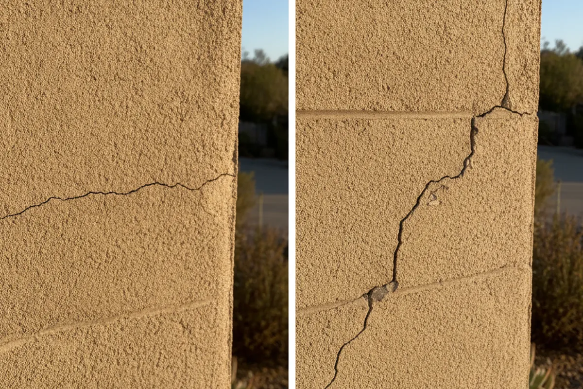 Two stucco walls side by side: one showing a thin hairline crack and one showing a wider structural crack with offset edges
