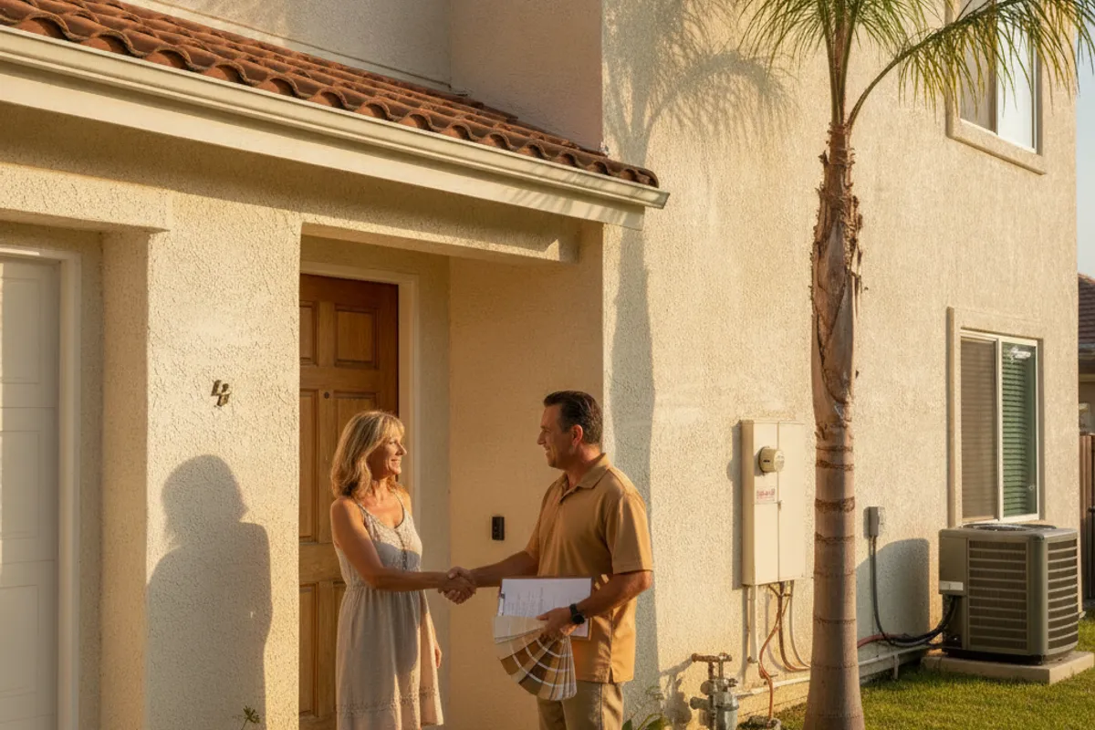 A stucco contractor inspecting the exterior wall of a San Diego home before providing a written estimate