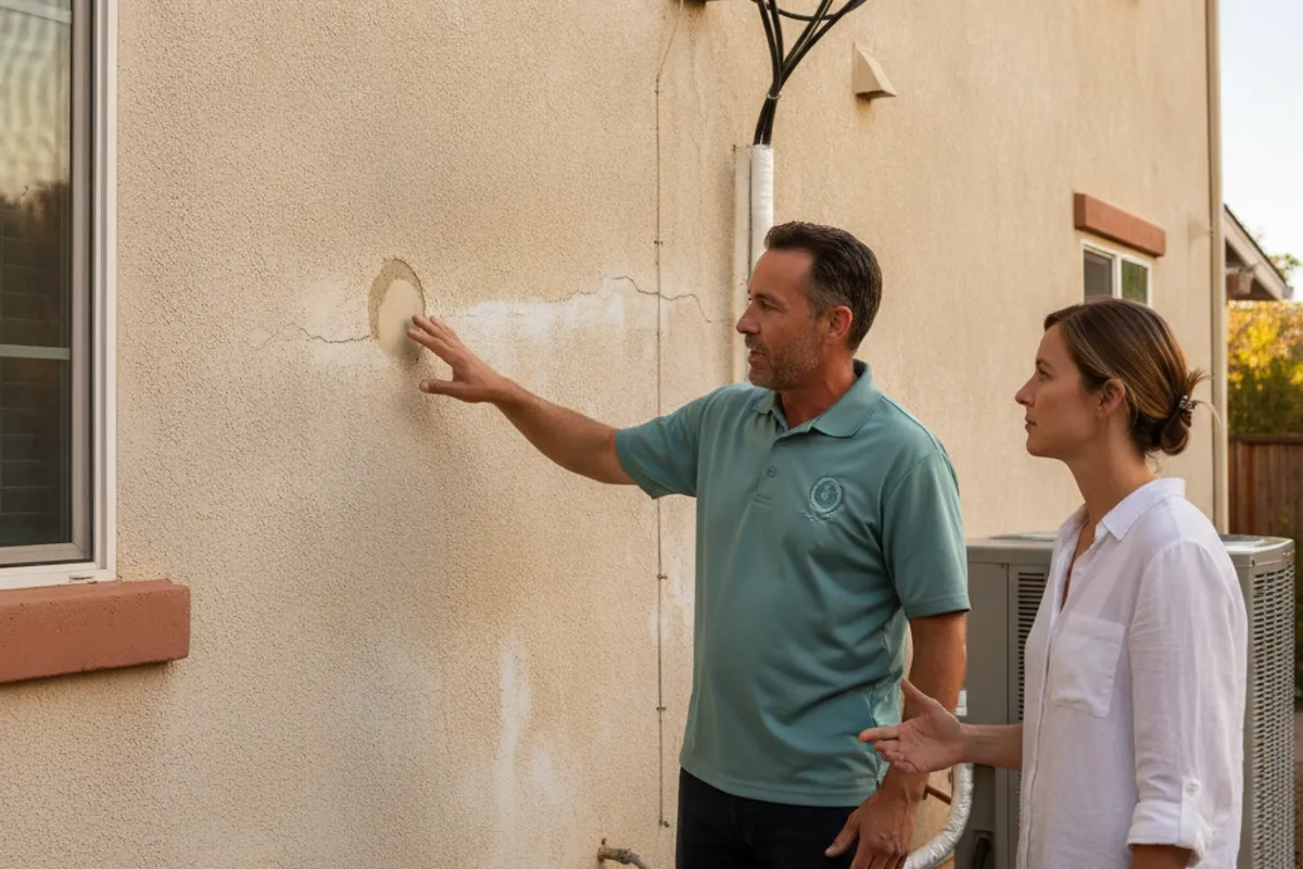 A stucco repair crew patching a section of a San Diego home exterior wall next to an intact stucco surface