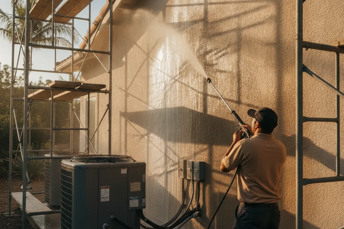 A painter applying primer to a cleaned and repaired stucco wall on a San Diego home before the final paint coat