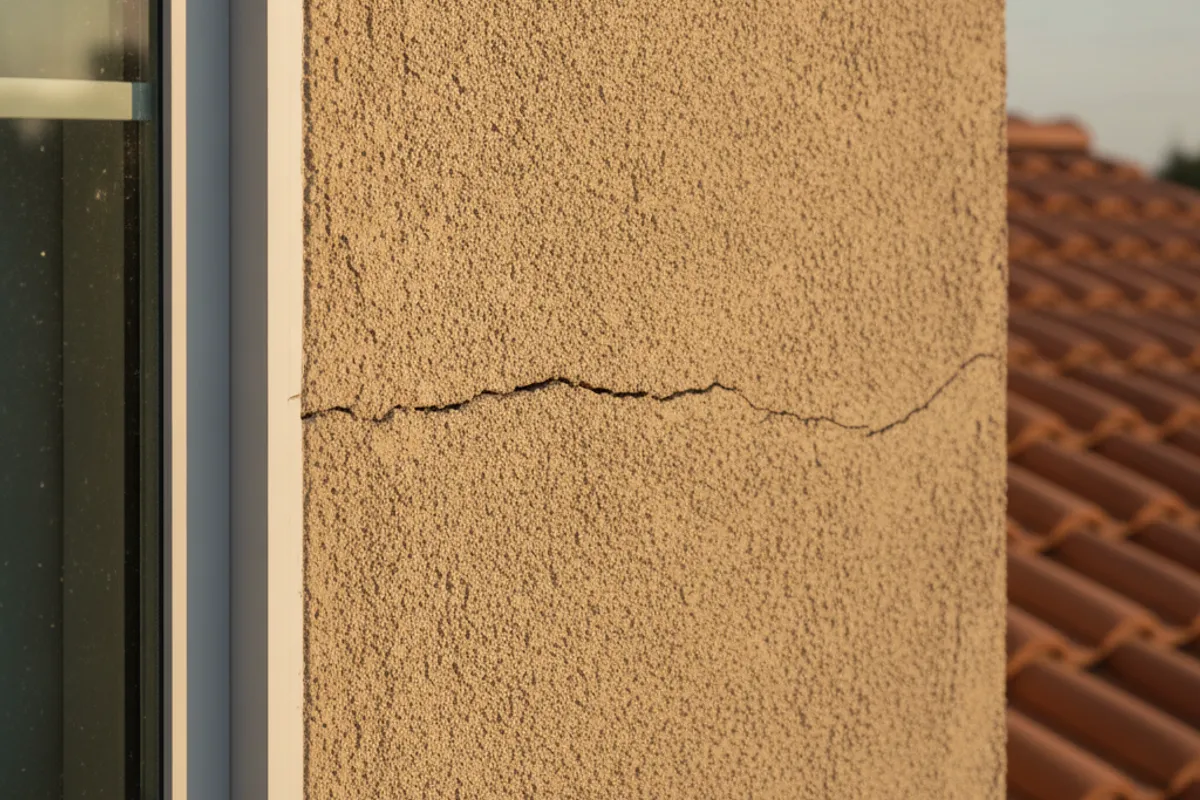 Close-up of a stucco wall in San Diego showing a visible horizontal crack near a window corner