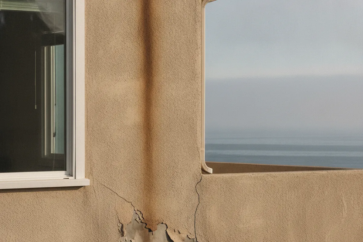 Stucco wall on a coastal San Diego home showing efflorescence and delamination from moisture intrusion near the base