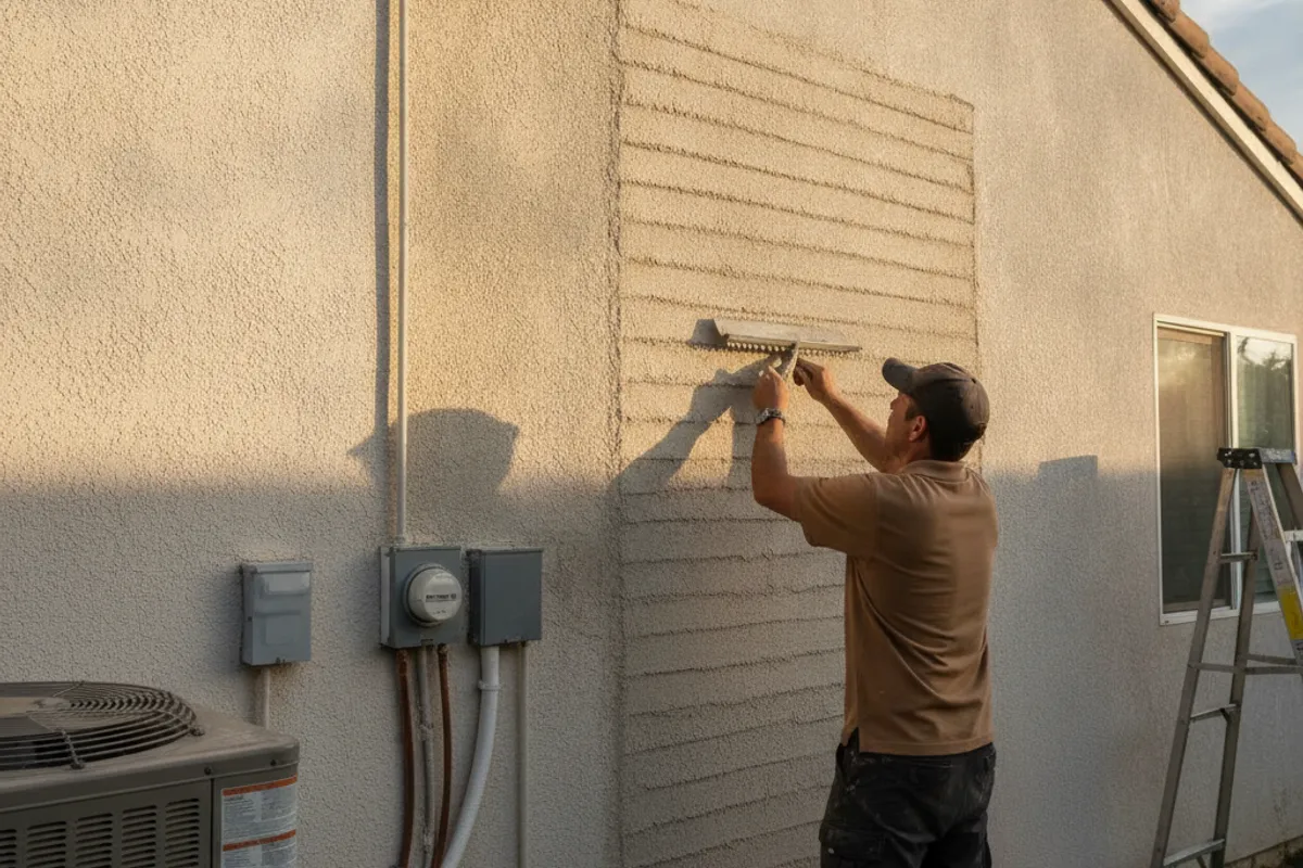 A stucco contractor checking the bond of existing stucco on a San Diego home wall before applying a new coat