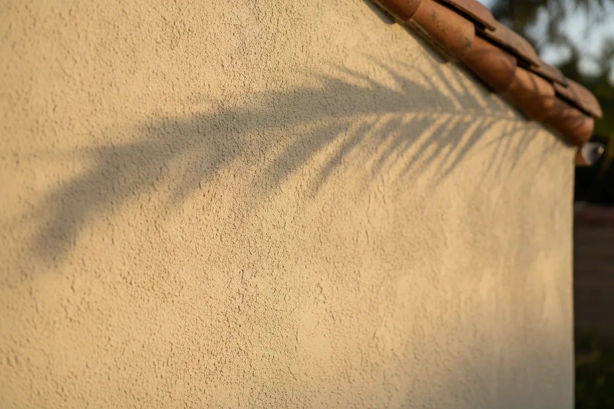 Sunlit smooth stucco finish texture on a Spanish-style San Diego home exterior wall