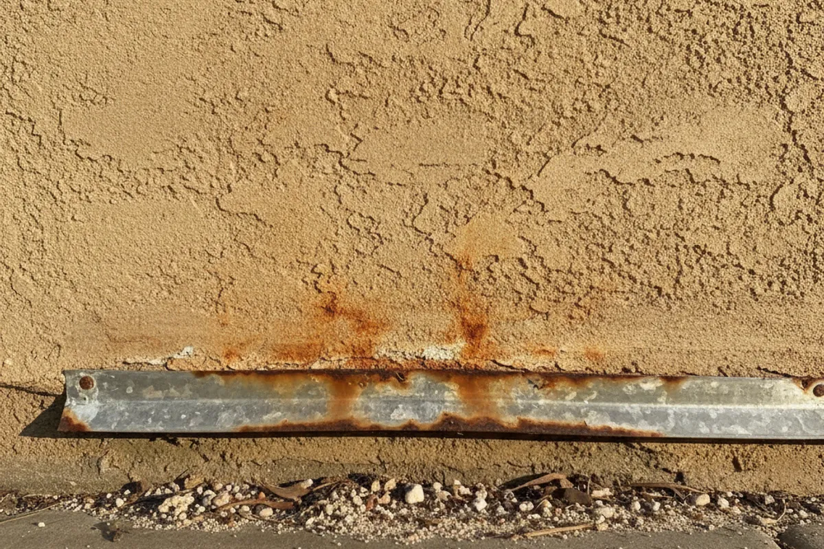Close-up of a weep screed at the base of a stucco wall on a San Diego home showing the drainage gap above the foundation