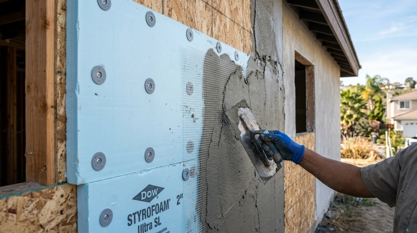 Base coat being troweled over reinforcing mesh on a foam insulation board wall