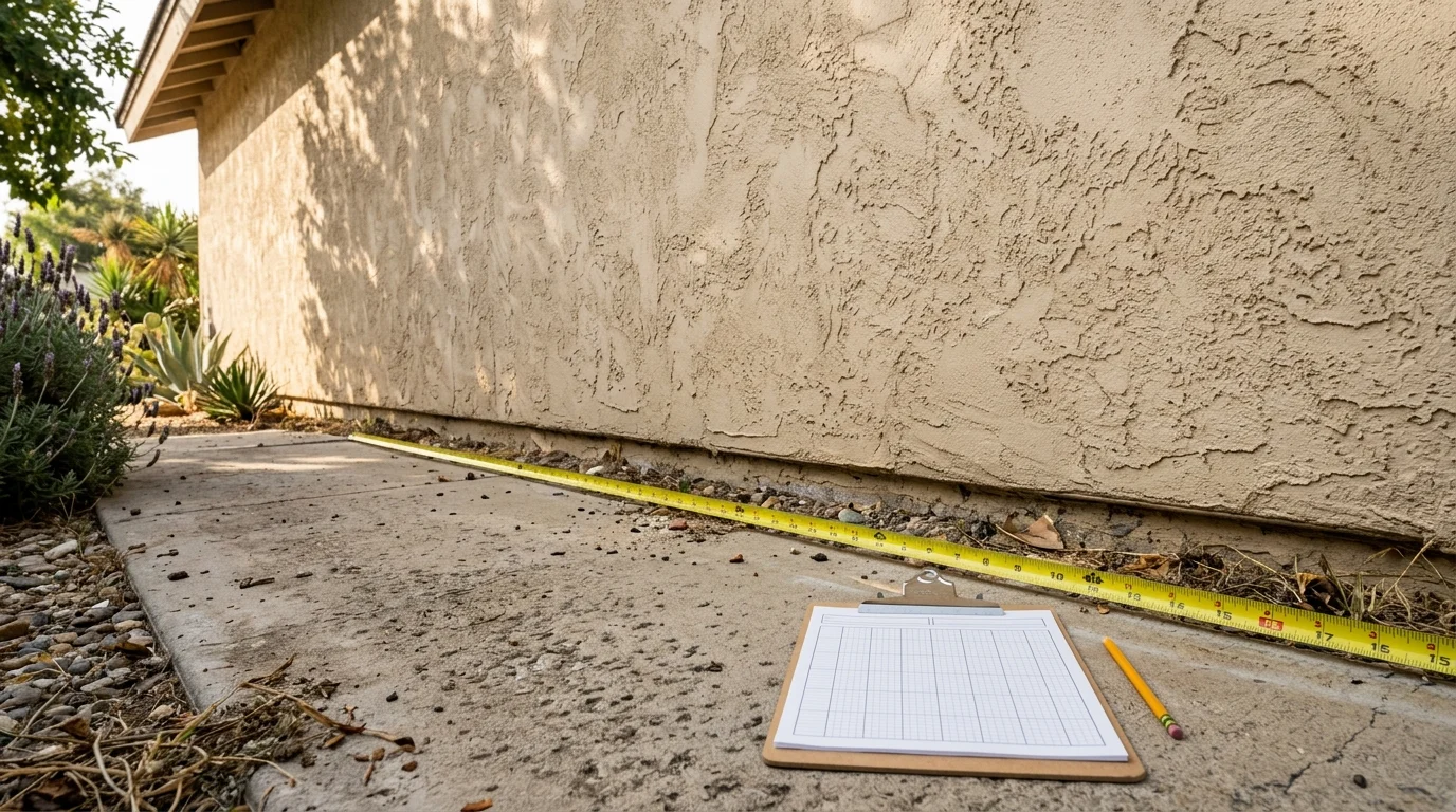 A tape measure stretched along the base of an exterior stucco wall beside a clipboard