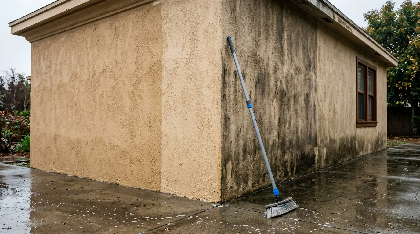A stucco wall half cleaned, the washed section noticeably lighter than the dirty section beside it