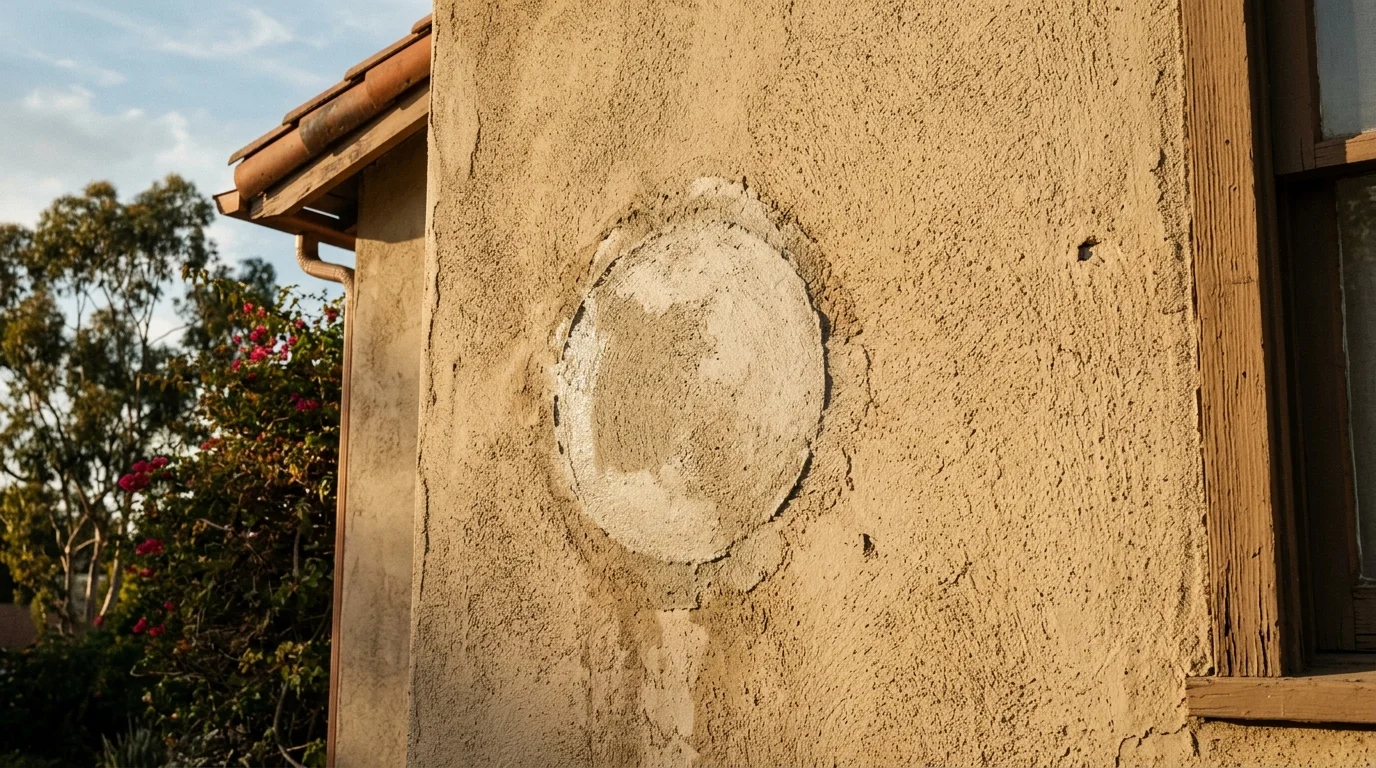 A patched section of tan stucco wall on a San Diego home, still lighter than the surrounding finish