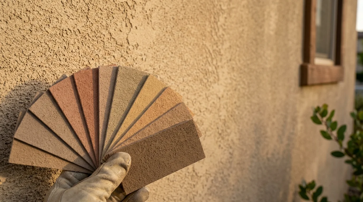 Stucco color sample chips fanned out against a finished exterior wall for comparison