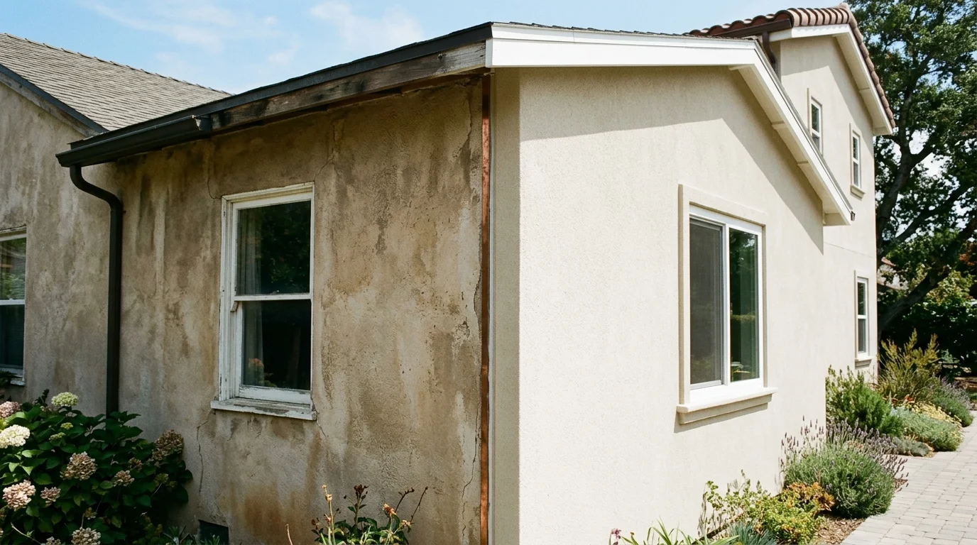 New stucco addition meeting an older finished wall in San Diego