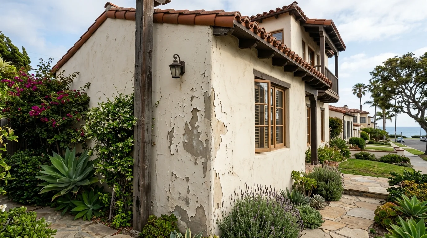 Coronado home with peeling paint on a stucco wall near a corner