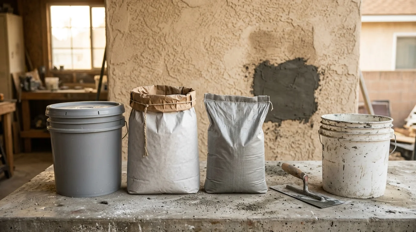 Three bags and tubs of exterior stucco patching product lined up on a work surface beside a trowel