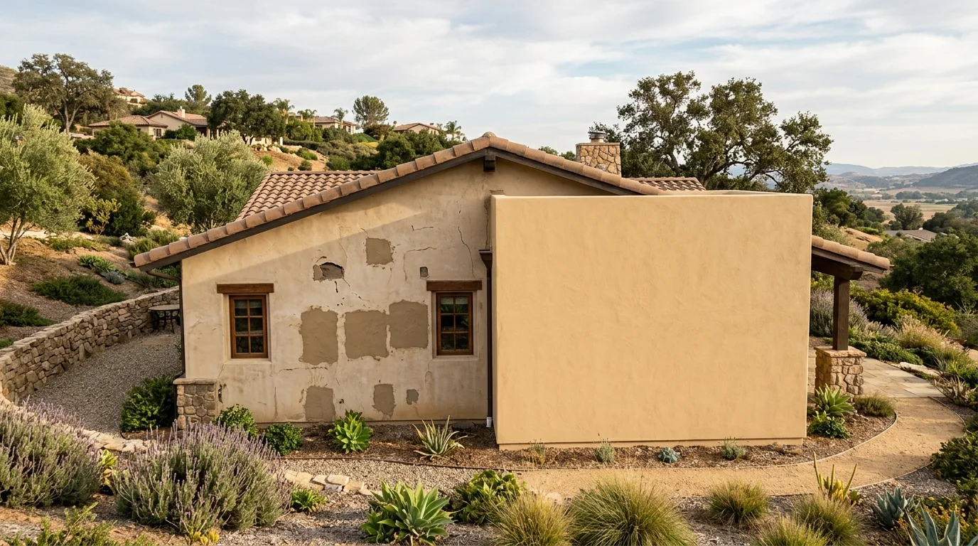 Valley Center home showing patched and evenly re-coated stucco walls
