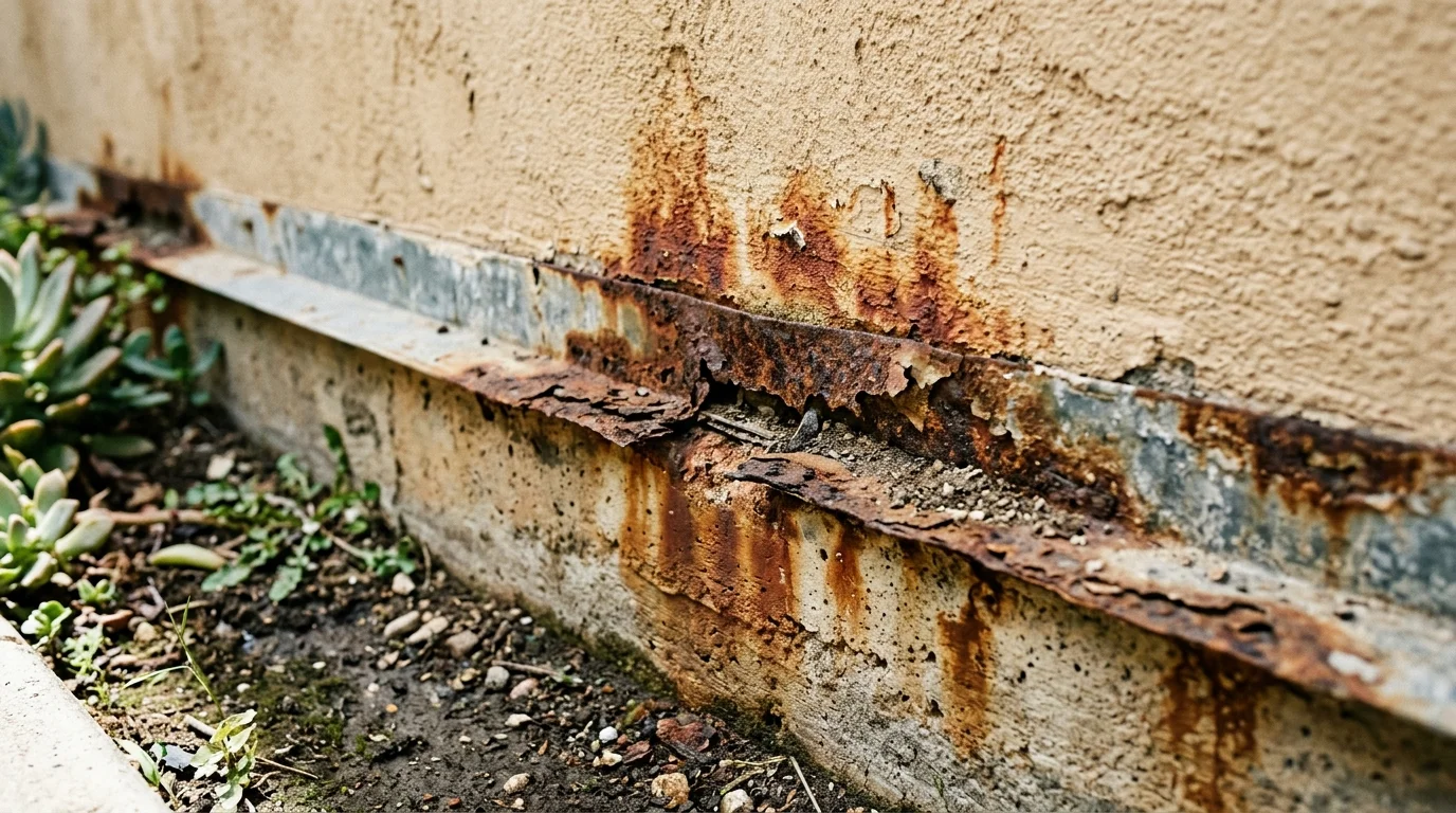 Rust staining and damaged metal weep screed along the base of a tan stucco wall