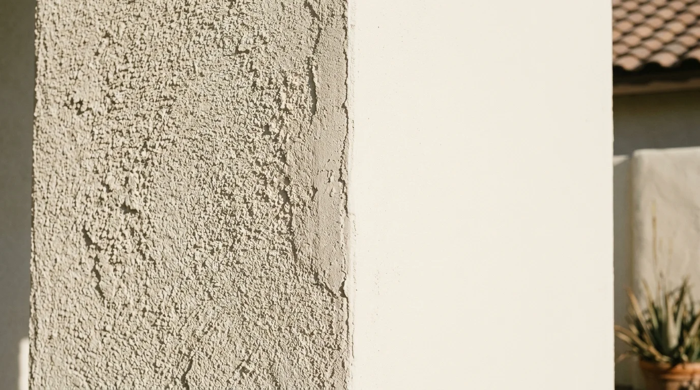 A sand-finish stucco wall meeting a smooth-finish stucco wall at an outside corner