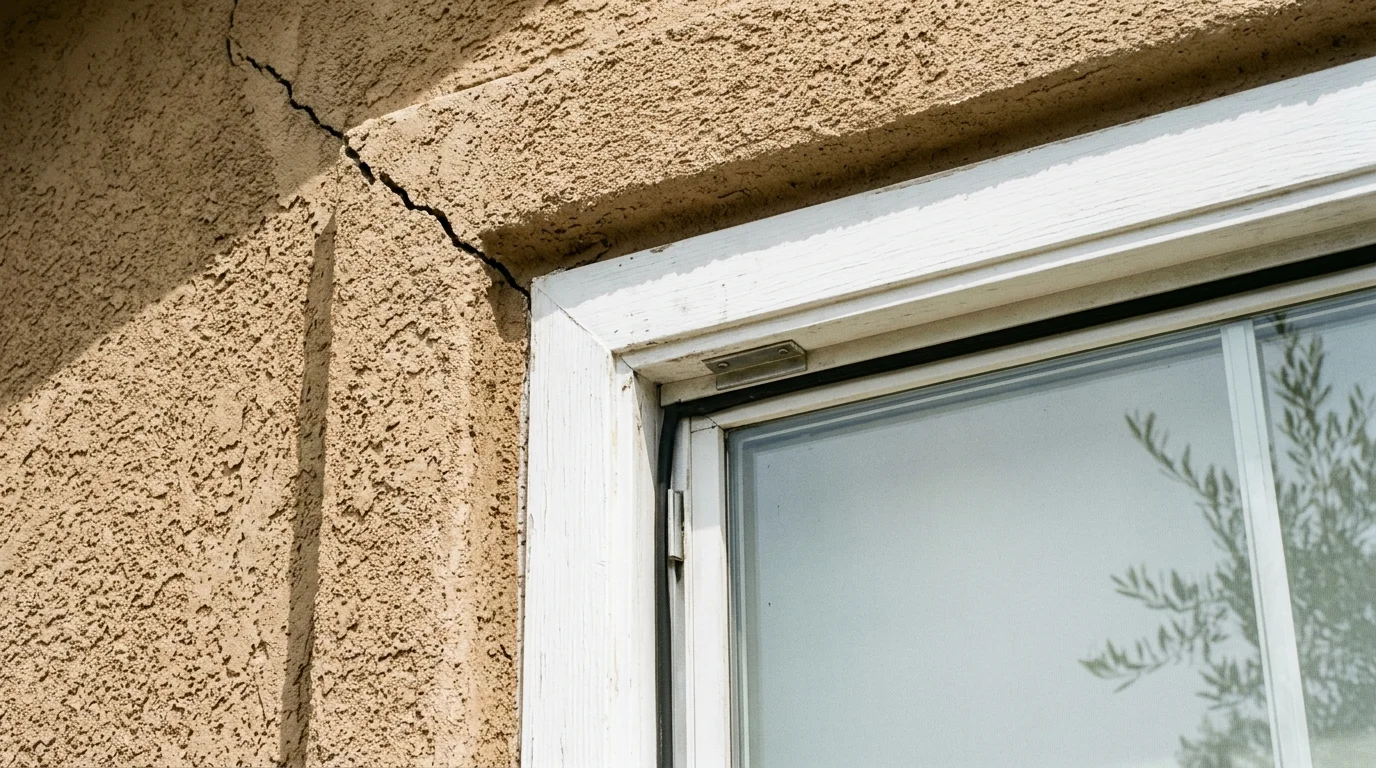 The head of a window opening in a stucco wall, showing a crack running from the upper corner