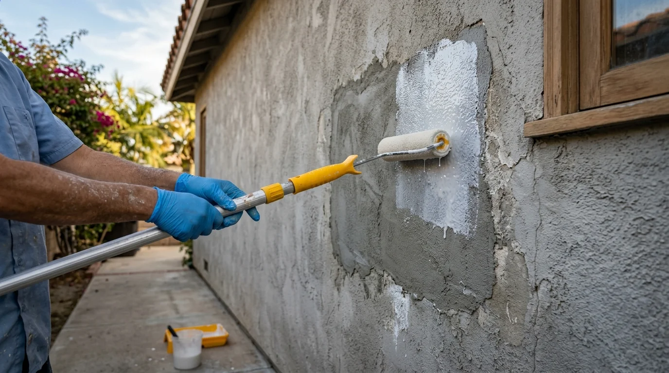 A roller applying milky bonding agent to a prepared section of bare stucco wall