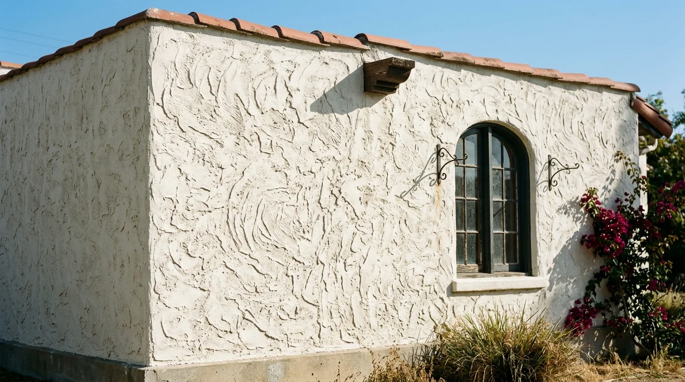 A textured interior ceiling in an older San Diego home lit from a window below