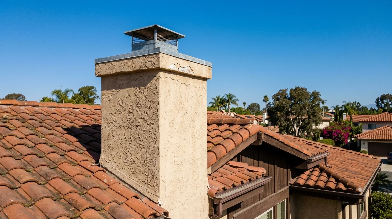 A stucco-clad chimney chase on a tile roof with hairline cracking below the cap