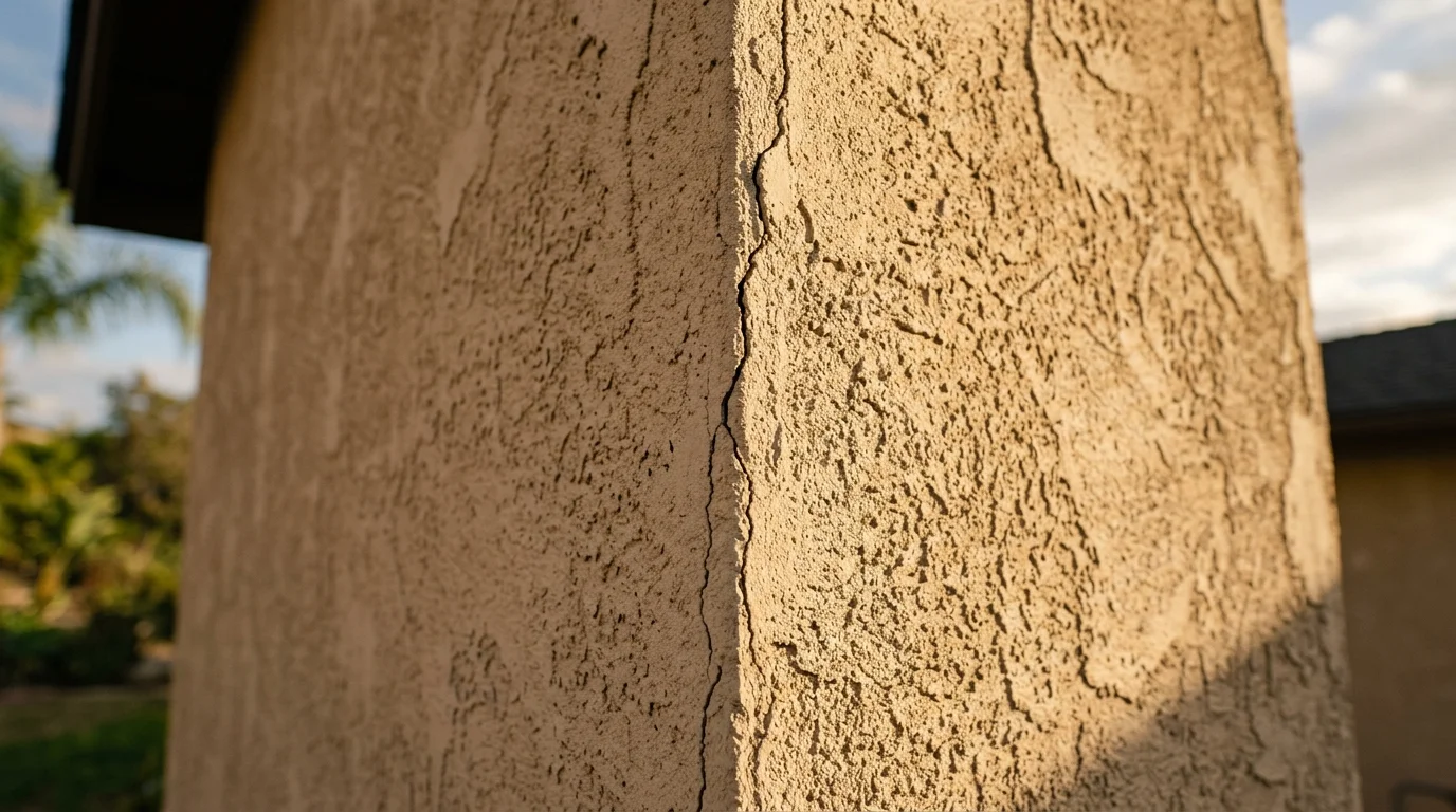 A vertical crack running down the outside corner of a stucco wall