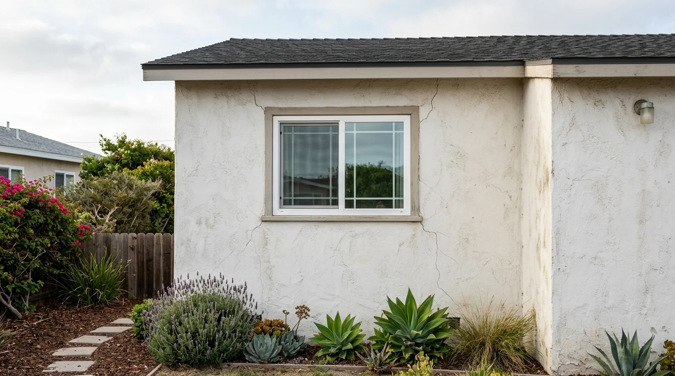 Hairline crack near a window on an Imperial Beach stucco home