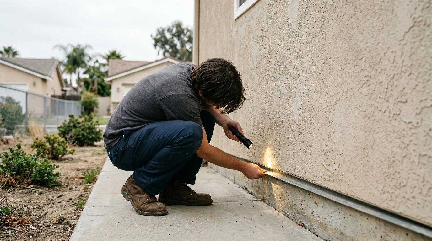 An inspector examining a stucco wall at the base near the weep screed with a flashlight