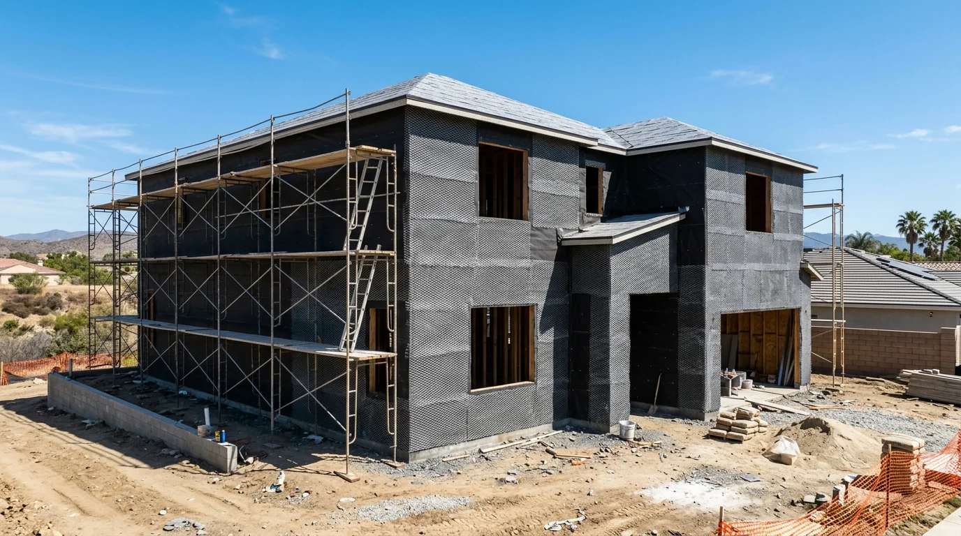 A house wrapped in building paper and metal lath, ready for its first coat of stucco