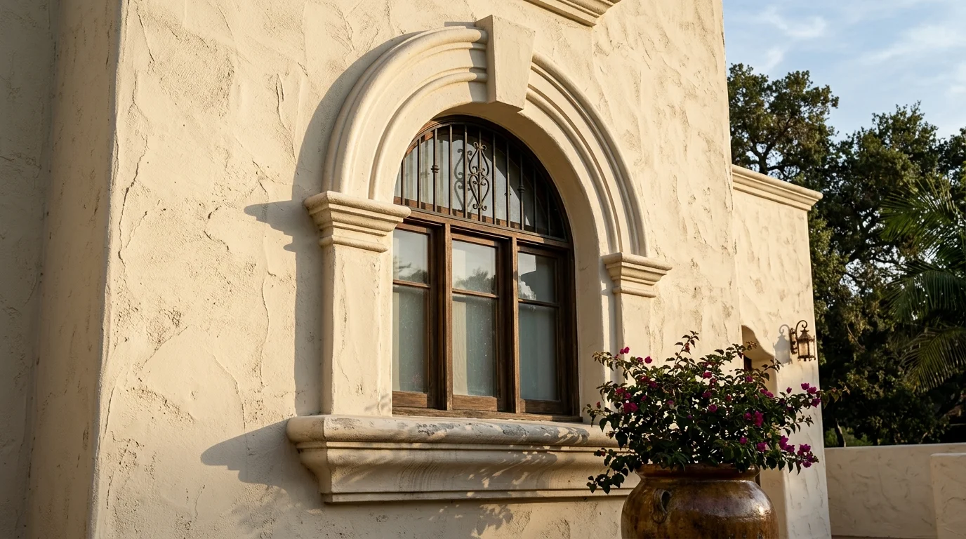 Decorative stucco banding running around a window opening on a Mediterranean-style facade